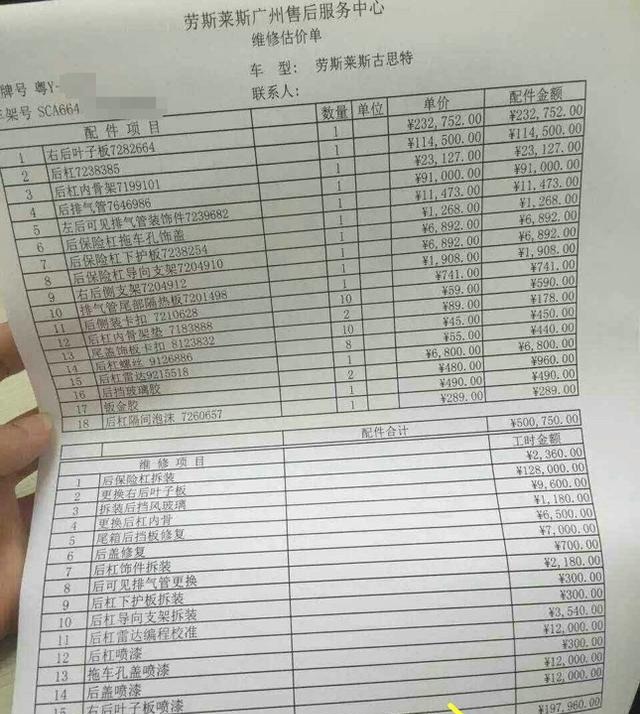 看了宾利和劳斯莱斯的维修报价表,心凉半截,车牌扣都要50元一个