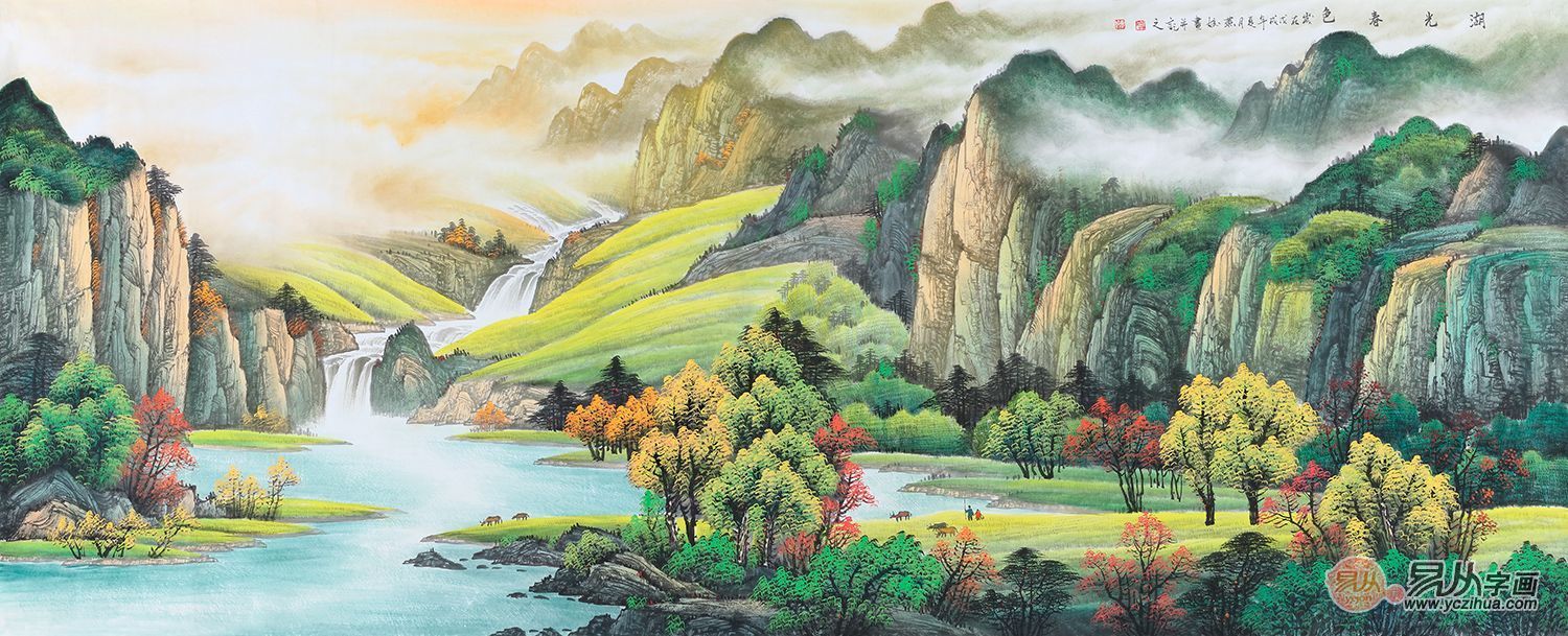 青绿山水画 刘燕姣新品八尺山水画《湖光春色》来源(易从网)