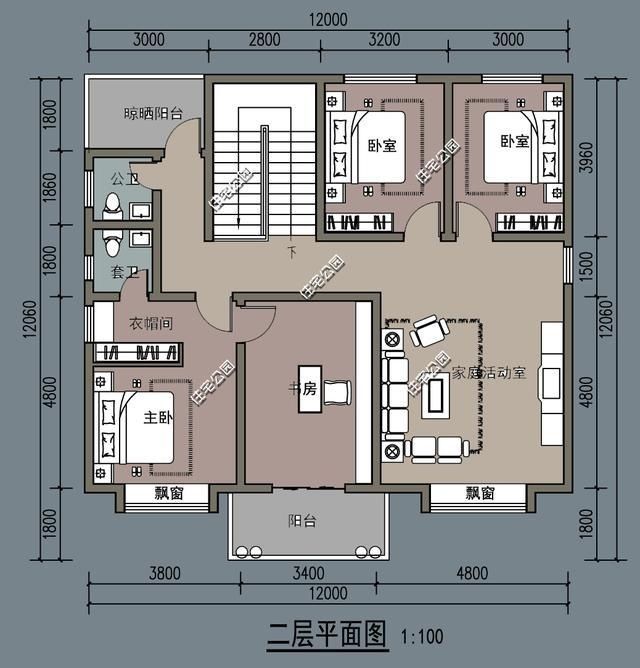 新农村别墅二层户型,堂屋客厅老人房全带,12米x12米含