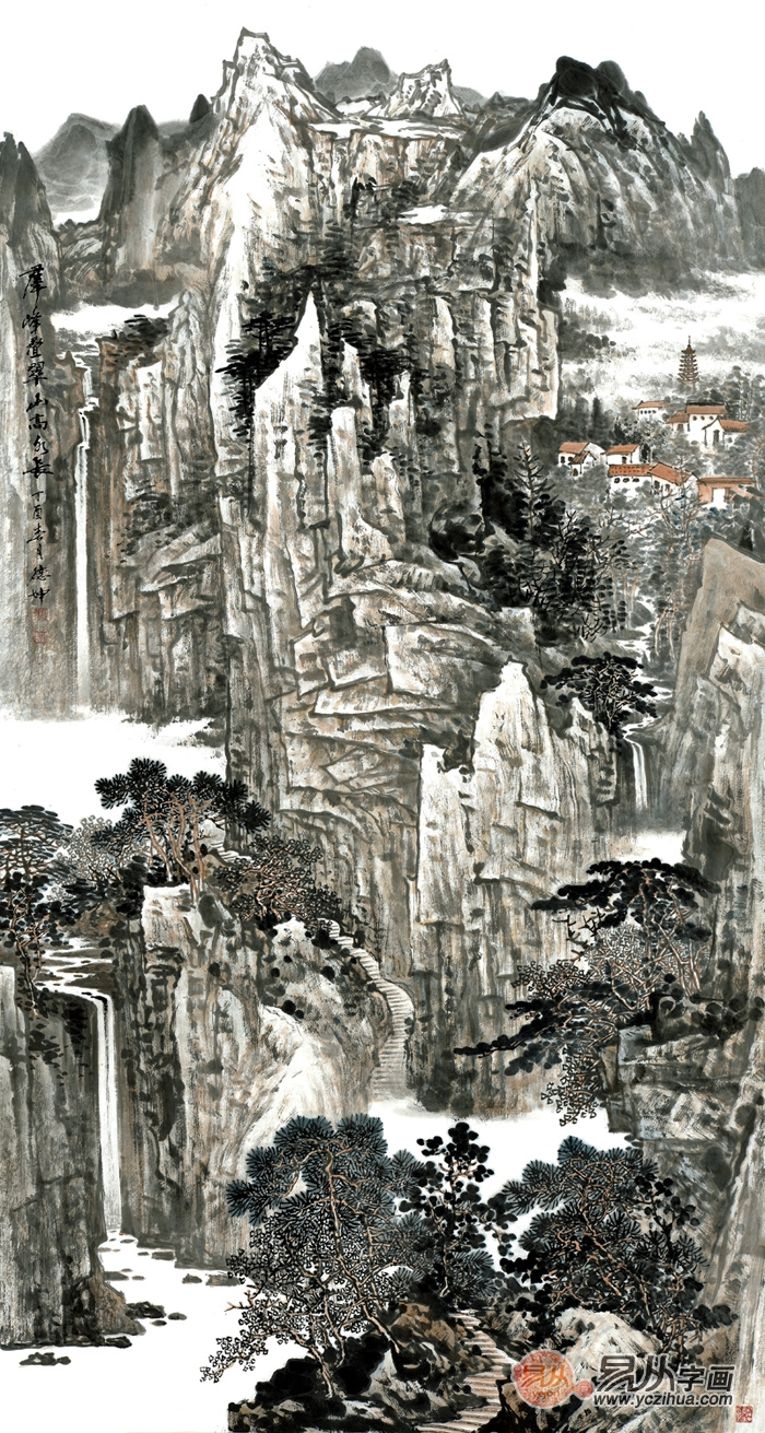 国画名家林德坤竖幅写意山水画艺术 仁者乐山 智者乐水图片