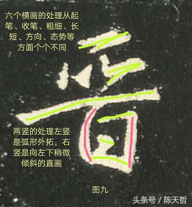 压折笔回锋,牵丝的右边部分与横画的下半部分重合,增加了笔画的厚重感