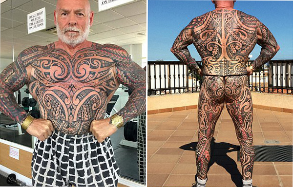 英59岁健美运动员花数万元全身文身 称显年轻 英59岁健美运动员花数万元全身文身 称显年轻