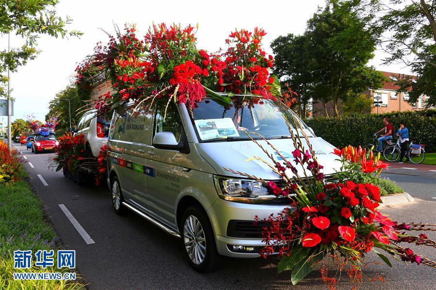 8月13日，一辆花车行驶在荷兰西部小城诺德韦克的街道上。