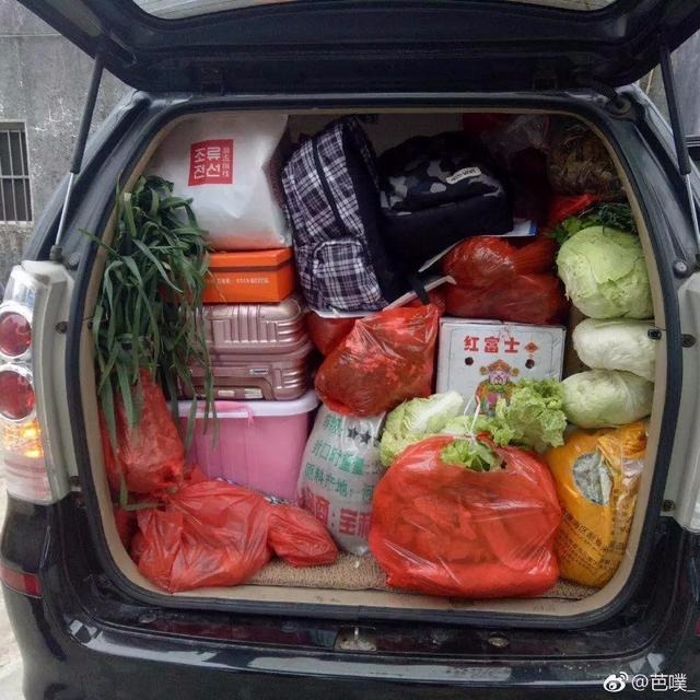 “爸妈给准备的后备箱”还有一个最大的特点，那就是量多——馒头论袋、鸡蛋论筐、蔬菜论亩、水果论箱……