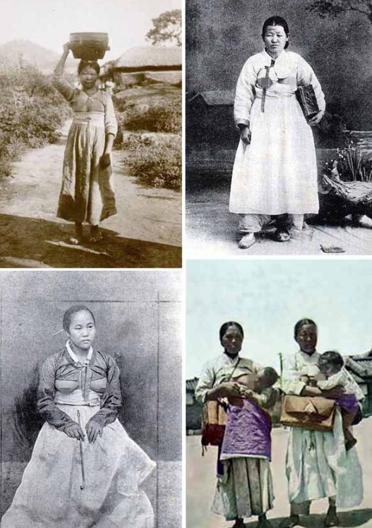 不过，在日本占领朝鲜以后，日本人觉得这样穿有伤风化，于是强制韩国女性遮住胸部，否则会遭到惩罚，于是韩国露乳装才慢慢消失。