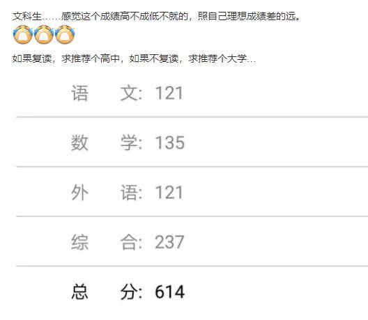 考生抖音晒高考成绩,614分想复读,网友:打扰了
