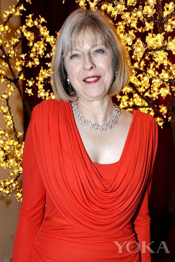 英国首相特蕾莎·玛丽·梅有很多条分量十足的夸张项链,这条白金交叉