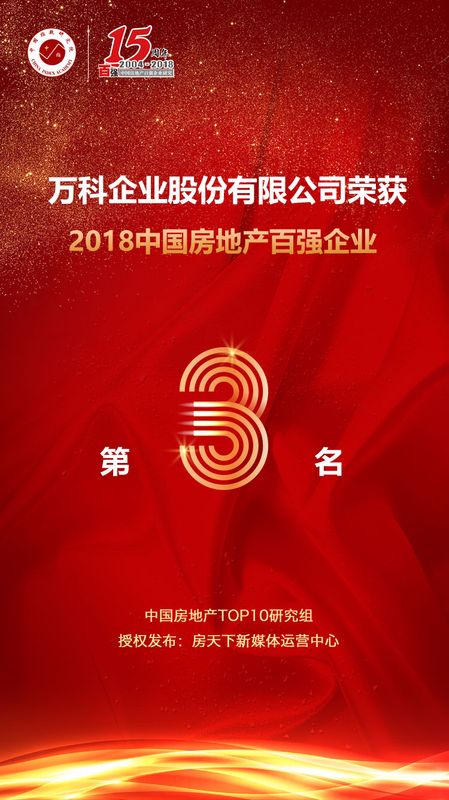 喜报:万科荣获2018中国房地产百强企业 第3