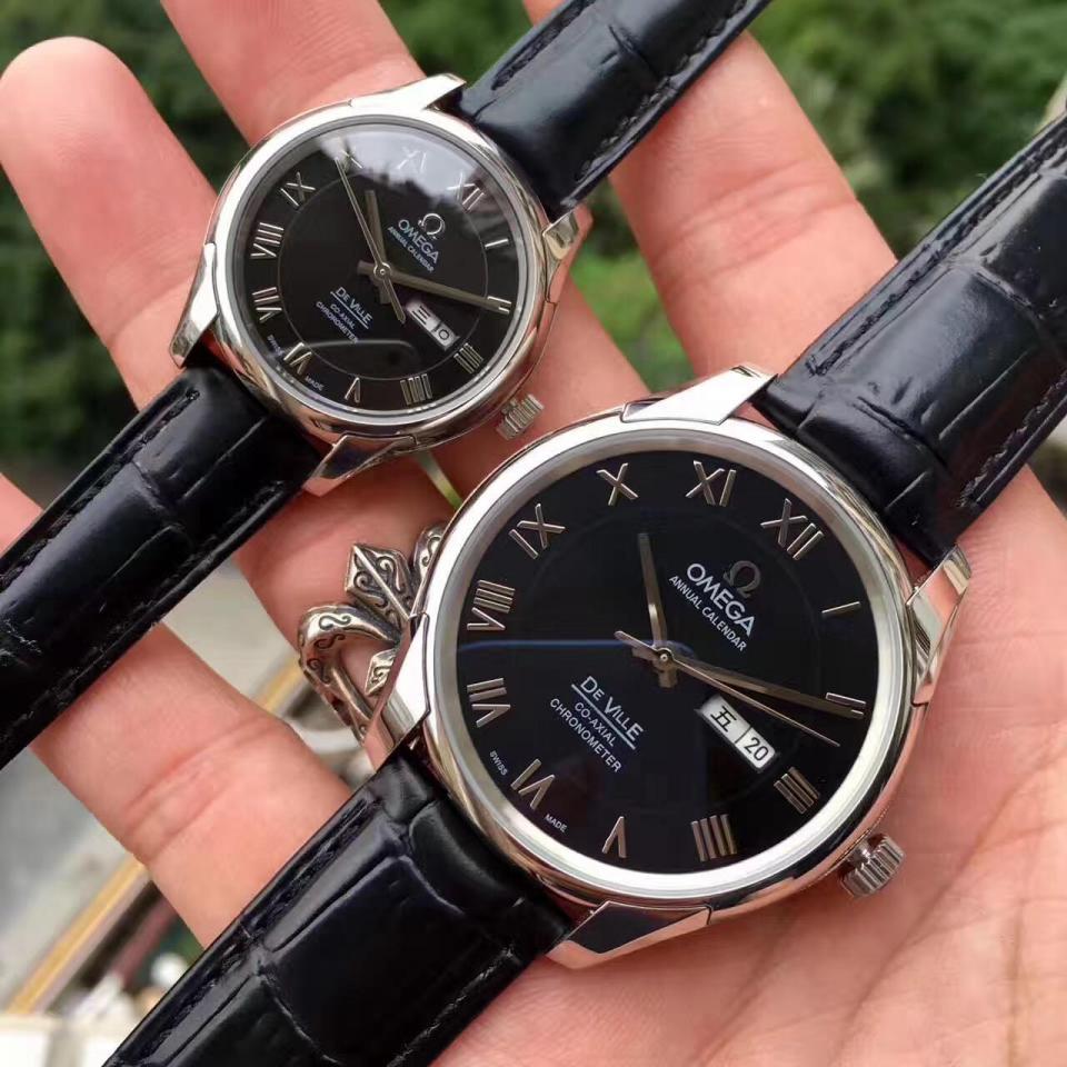 简约三针双历设计 , 欧米茄-omega蝶飞情侣腕表.