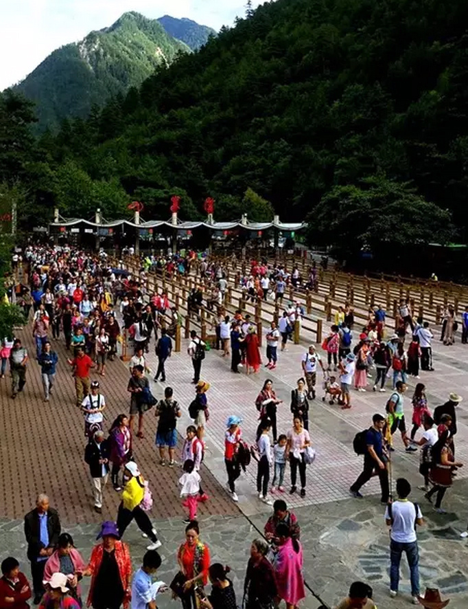进入九寨沟后，建议直接坐车到景区的最深处，然后从最里面慢慢耍出来，不要从外面一个个景点的逛到最后，这样可以错开拥挤的人流。图为8月10日下午5点，此时正是出沟客流高峰，并没有想象中那样拥挤。