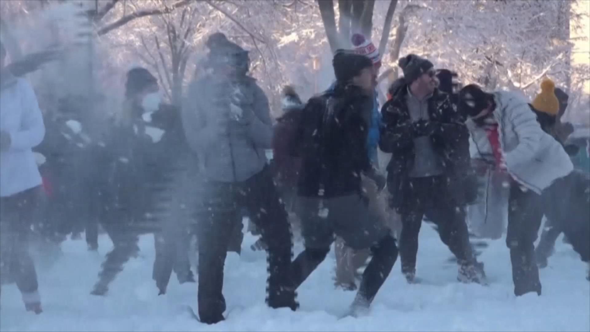 大雪间隙 华盛顿居民抓紧时间打雪仗