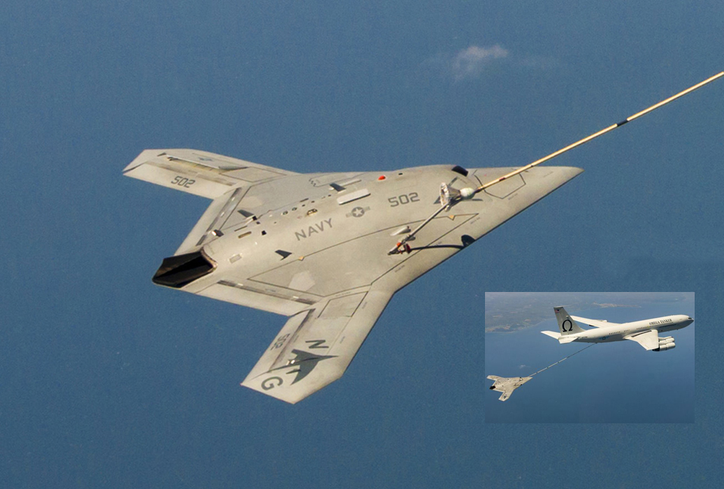 X-47B是全球第一种能在航母上完成弹射升空和阻拦降落的隐身无人战机，可称得上是诺格自B-2之后的又一种划时代的飞翼布局战机。2015年4月，X-47B完成了历史上首次无人机空中加油试验，标志着美军无人机技术取得了阶段性进展。2016年2月，美海军提出计划将X-47B改为舰载无人加油技术验证机，未来或将担任为美军舰载机群进行战区空中加油任务。图为X-47B完成首次空中加油测试资料图。