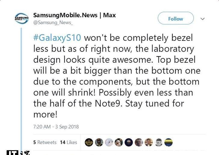 外媒曝光三星GalaxyS10手机前面板