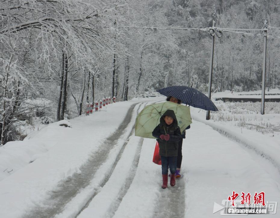 2018年1月4日，安徽省霍山县村民在雪地中行走。当日，安徽省气象台发布暴雪橙色预警。6小时内淮河以北南部和江淮之间大部分地区降雪量将达10毫米以上，其中沿淮以及大别山地区局部将达15毫米。