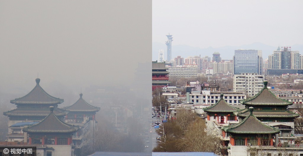 北京重污染黄色预警解除前后对比:像掀开一层帐