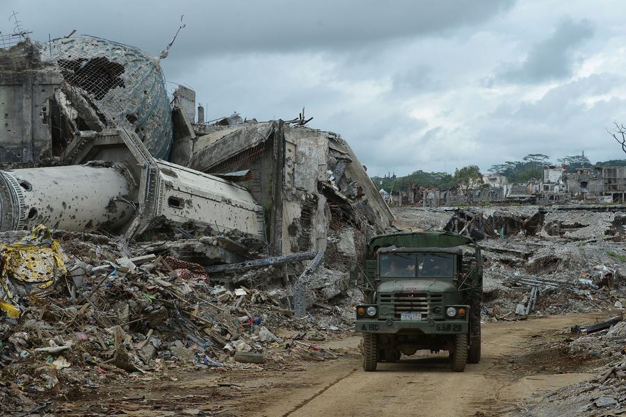 当地时间2017年10月25日，菲律宾马拉维，马拉维战事结束，战后废墟满城凄凉。