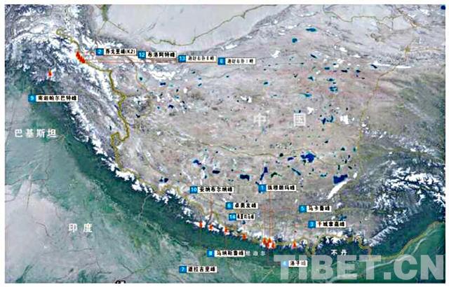 世界14座海拔8000米以上高峰分佈圖.(西藏登山協會供圖)