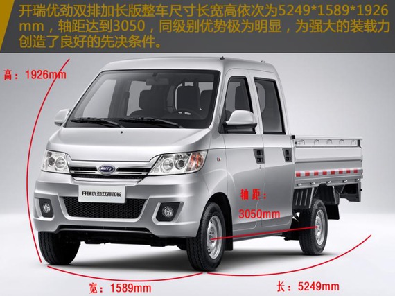 开瑞优劲双排加长版外观 为了保障货物运输中的更大动力支持,开瑞优劲