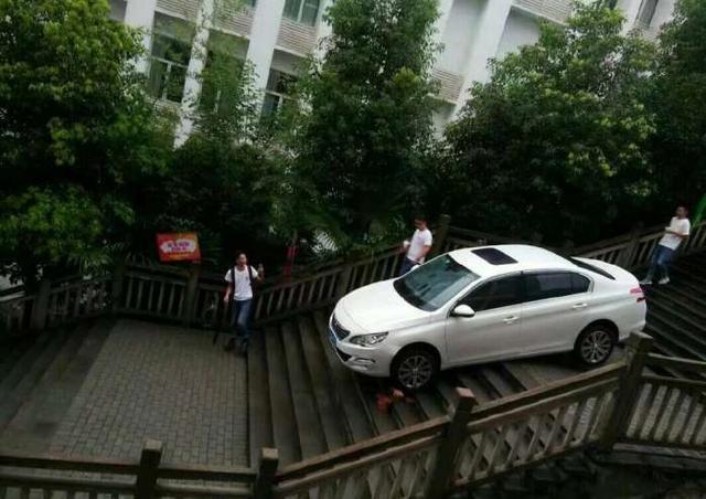 有许多当地的网友热心建议到重庆“导航问路要双管齐下。”更有路人表示心疼这辆车，可以看到周围的路人对这位司机的行为都投以好奇的眼光。图为司机开车下楼梯