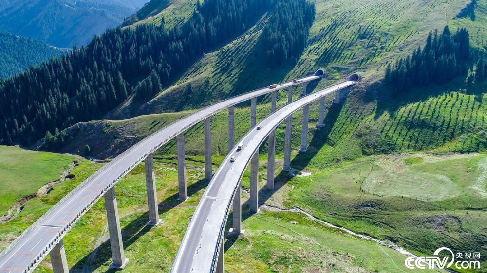 俯瞰果子沟大桥，呈S行蜿蜒山间，多处隧道穿山而过，十分壮观。