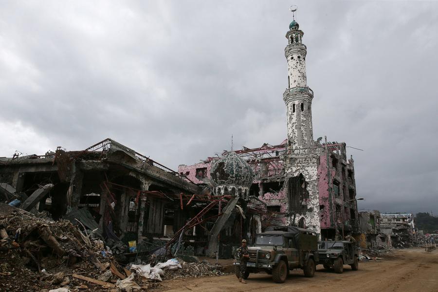 当地时间2017年10月25日，菲律宾马拉维，马拉维战事结束，战后废墟满城凄凉。