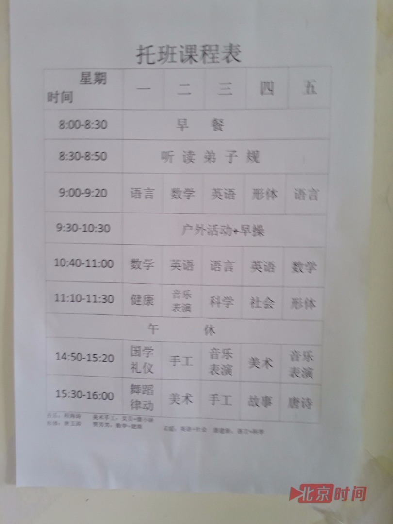 虽然幼儿园并无外教课，当家长询问相关问题时，幼儿园对外的统一回答是一周上一节外教课。此外，课程表上的听读弟子规、科学、社会、国学礼仪等课程也从未上过。图为幼儿园的课程表。