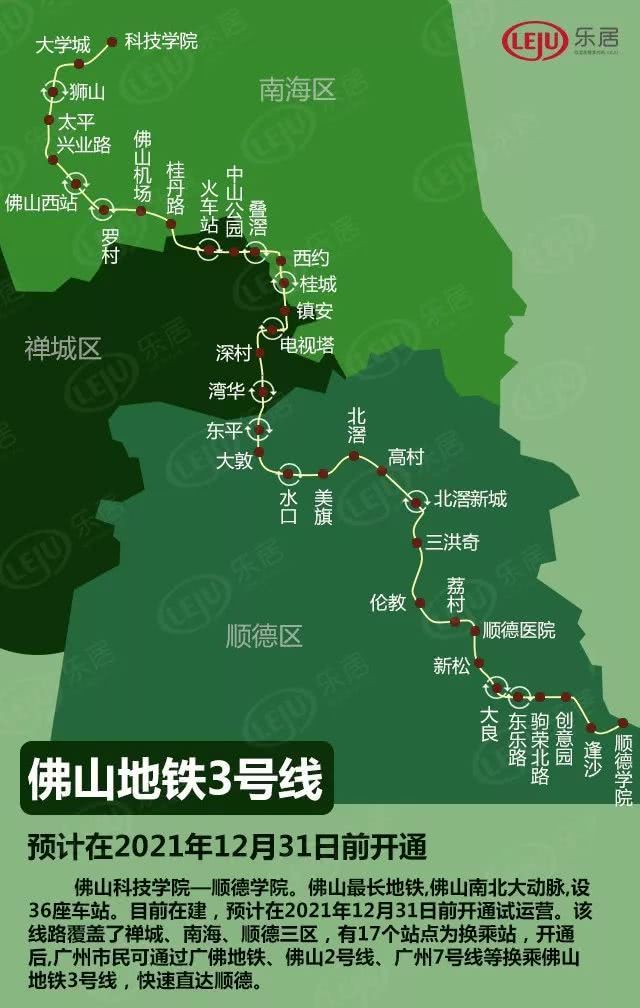 该线路覆盖了禅城,南海,顺德三区,有17个站点为换乘站,预计2021年12月
