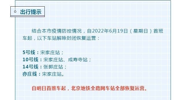 明日首班车起,北京地铁全路网车站全部恢复运营 明日首班车起,北京地铁全路网车站全部恢复运营