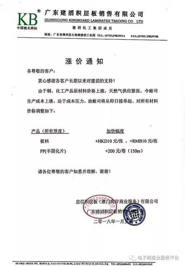 打响2018年PCB板材涨价第一炮 建滔发布涨价