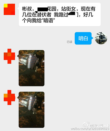 警方同时提供了网友报料的聊天截图，该网友称“某花园内有几位潜伏者，路过时好几个向我发‘暗语’”。民警回复“明白”。半小时后警方抓获7名女子。