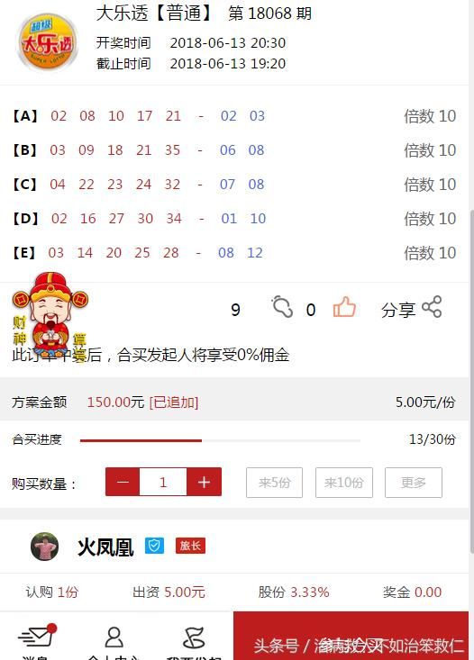 体彩超级大乐透068期合买实票展示 19008元能