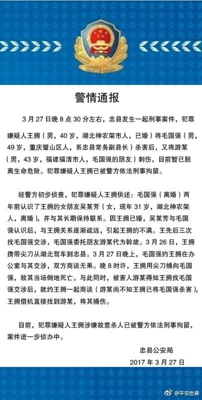 湖北已婚男子不满女友“出轨” 刺死重庆一副县长