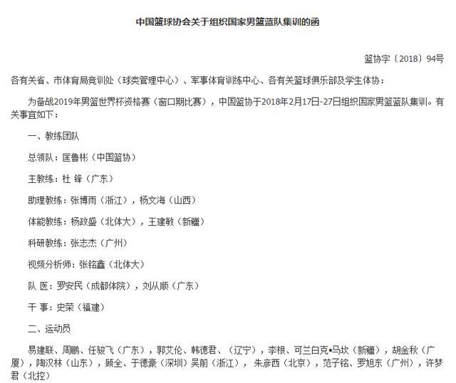 中国男篮蓝队公布集训名单 新疆男篮李根、可