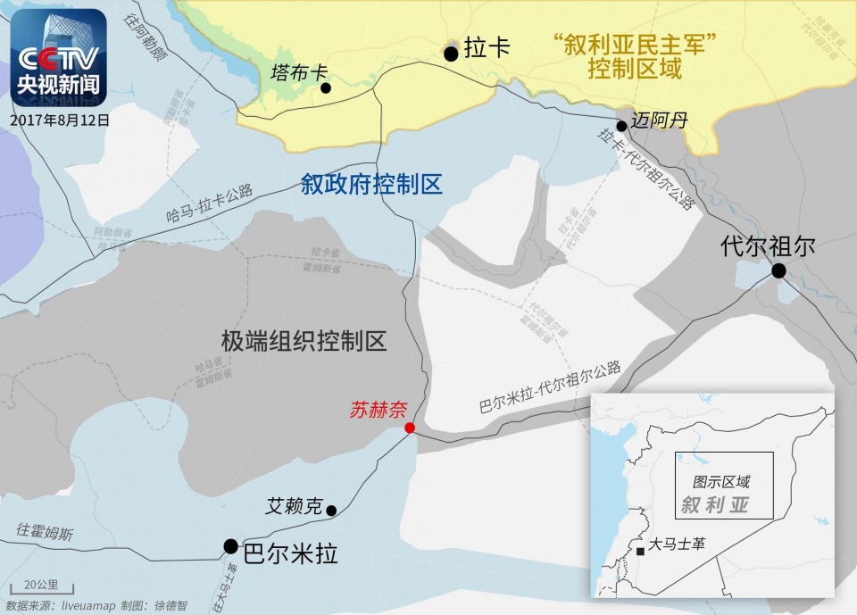 图为目前叙利亚沙漠地区各方势力地图及苏赫奈位置