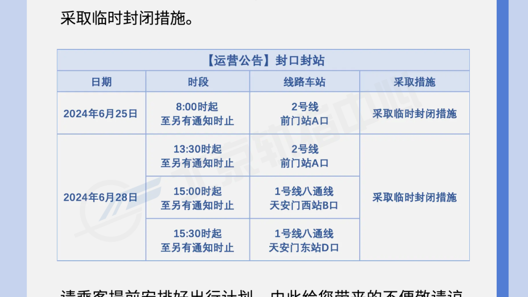 6月25日28日 前门站 天安门西站 天安门东站部分出入口临时封闭的通知