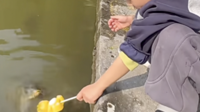 老爸拿儿子的零食钓鱼瞬间上钩