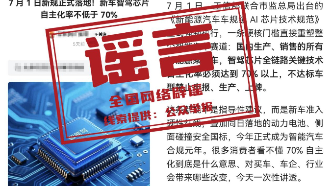 网传“7月1日新规:新车智驾芯片自主化率不低于70%”系谣言 网传“7月1日新规:新车智驾芯片自主化率不低于70%”系谣言