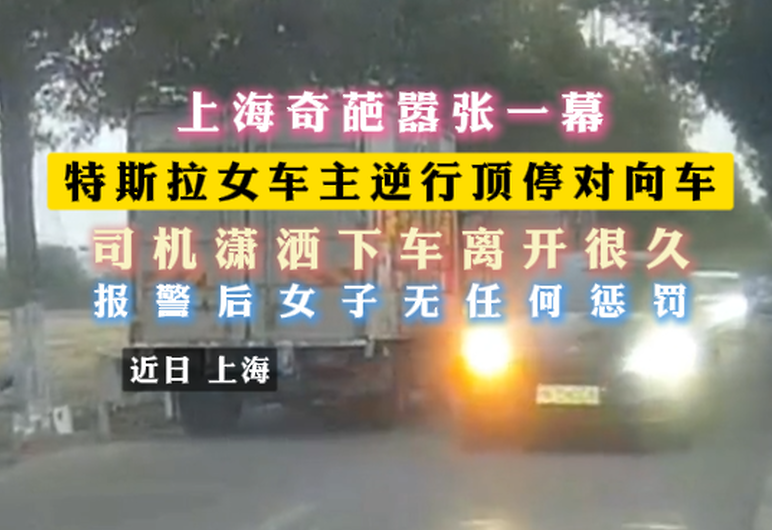 上海奇葩嚣张一幕  特斯拉女车主逆行顶停对向车
