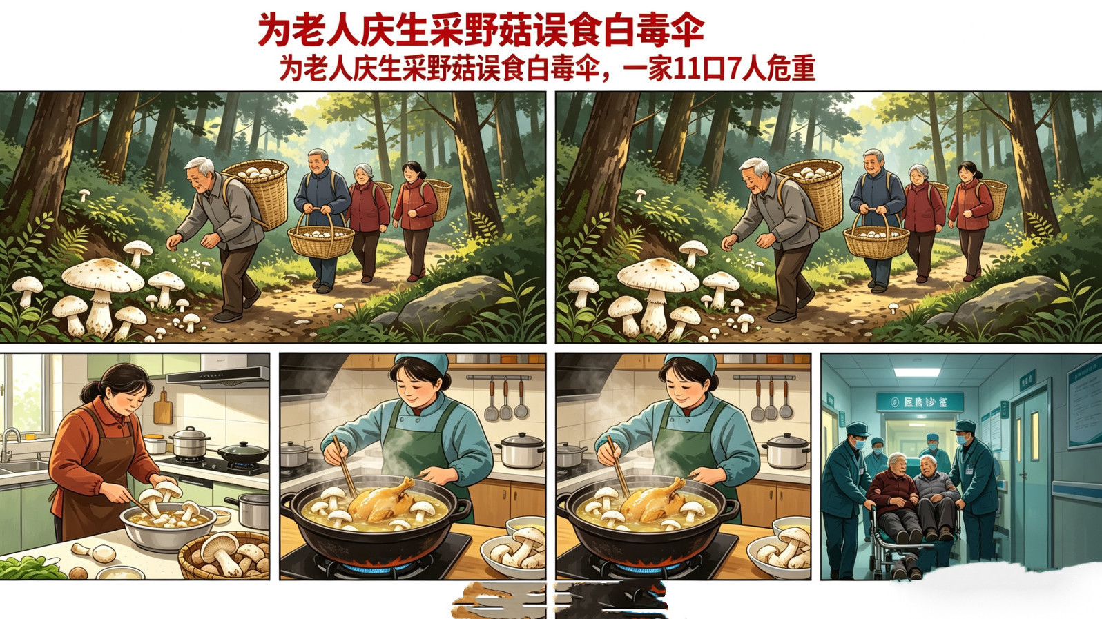 为老人庆生采野菇误食白毒伞，一家11口7人危重