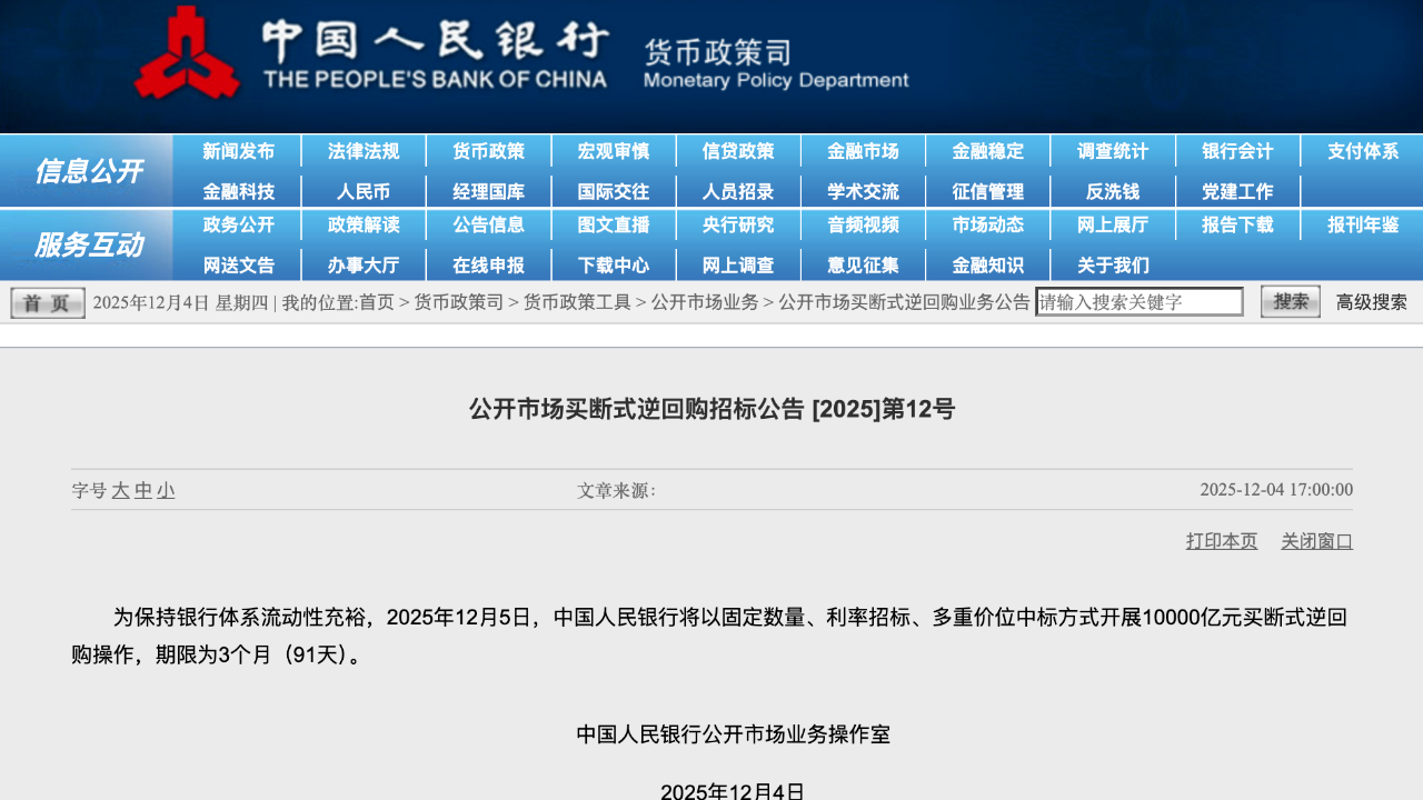 央行:12月5日将开展10000亿元买断式逆回购操作 央行:12月5日将开展10000亿元买断式逆回购操作