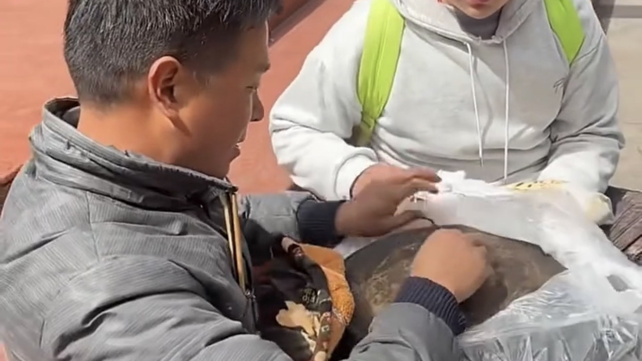 爸爸端着铁锅炖去看望高三的儿子 父母总是想把最好的留给孩子