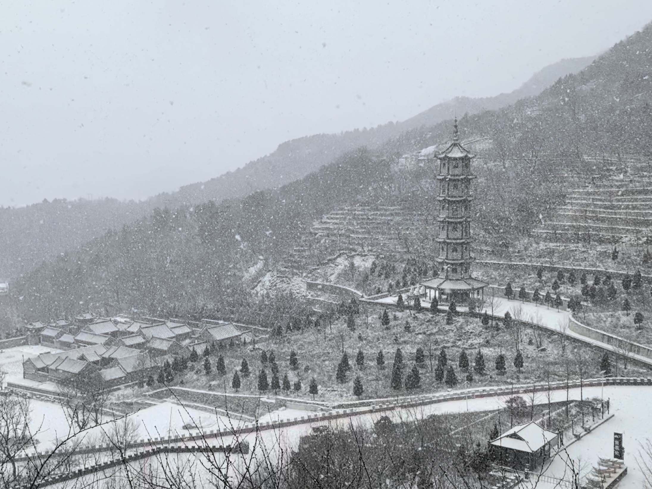 北京多区迎来降雪，飞雪翩跹而下，宛如一幅写意水墨画卷